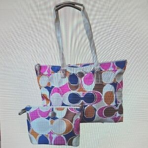 Coach Multi Color Op Art Nylon & Leather Tote Bag With Matching Makeup Bag